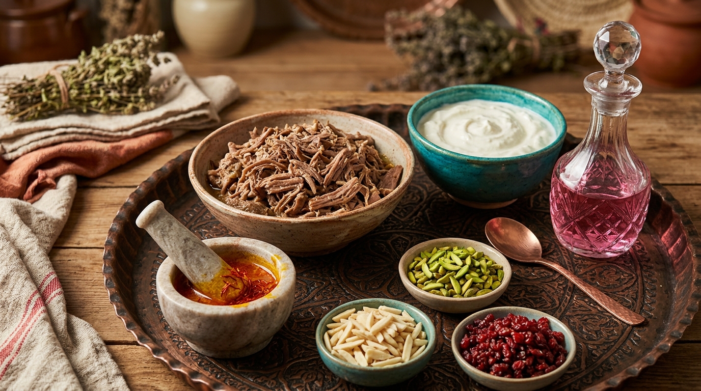 مواد اولیه خورشت ماست اصفهان گوشت گردن گوسفندی ماست چکیده شیرین زعفران و خلال بادام